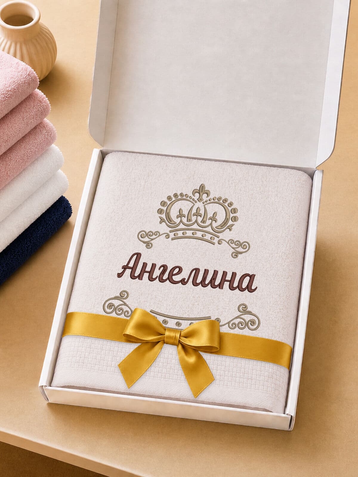 Полотенце Ангелина 70х140 подарок именная вышивка с короной — фото 5