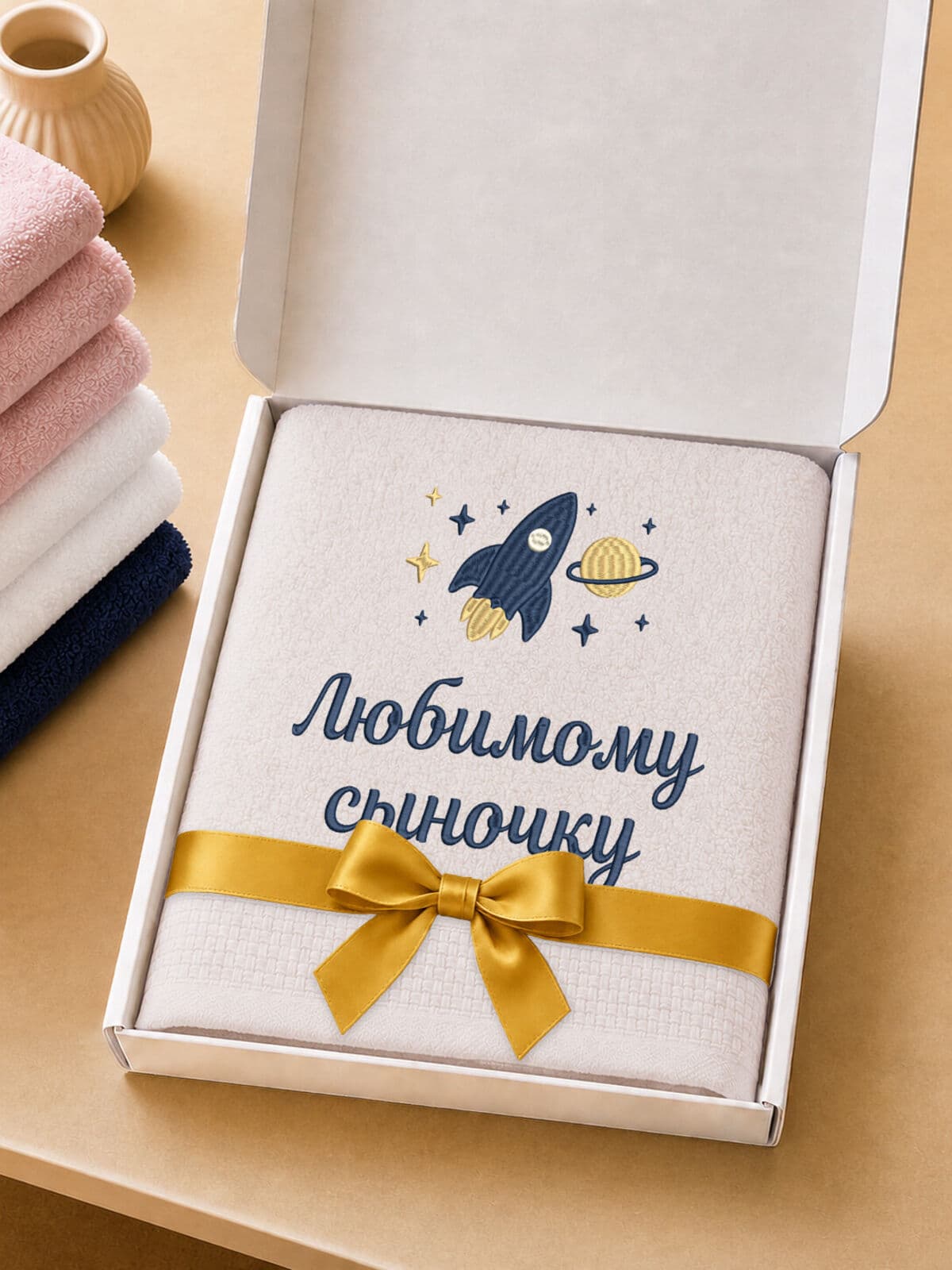Подарок сыну полотенце 70х140 вышивка с ракетой — фото 5