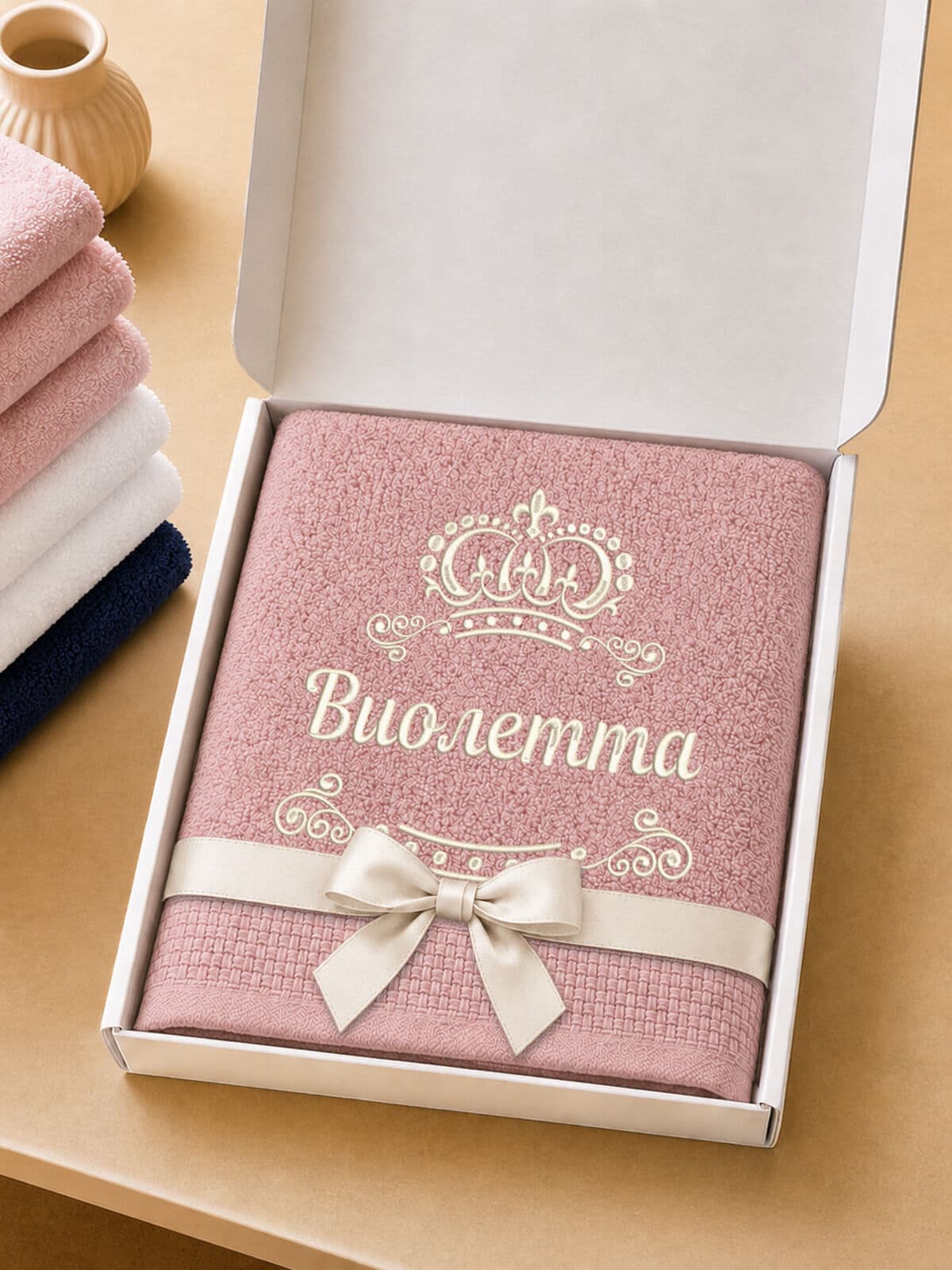 Полотенце Виолетта 70х140 подарок именная вышивка с короной — фото 5