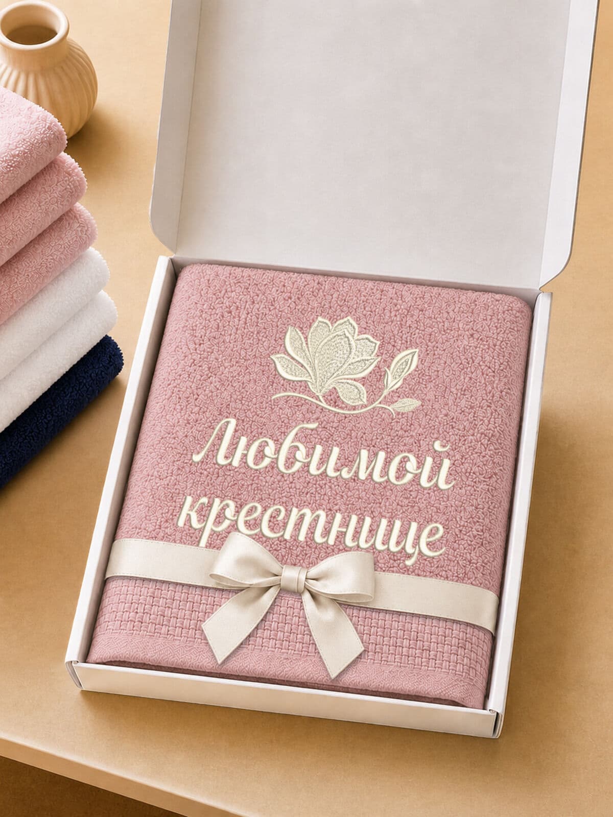 Подарок крестнице полотенце 70х140 с вышивкой магнолия — фото 5